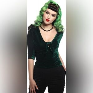 Collectif Moira dark green velvet deep V tie blouse retro vintage pinup